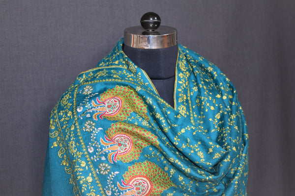 embroidered pashmina green designdar shawl 40X80 inch