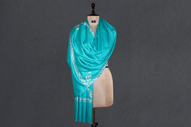 cashmere embroidered fine wool green stole 28x80 inch