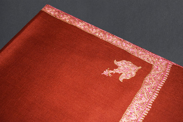 cashmere embroidered fine wool rust stole 28x80 inch