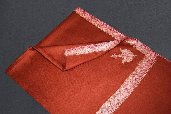 cashmere embroidered fine wool rust stole 28x80 inch