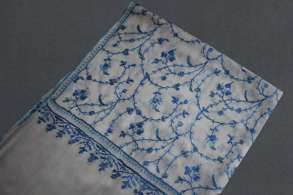cashmere embroidered fine wool white stole 28x80 inch