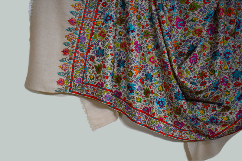 Pashmina handmade hand embroidered off white shawl