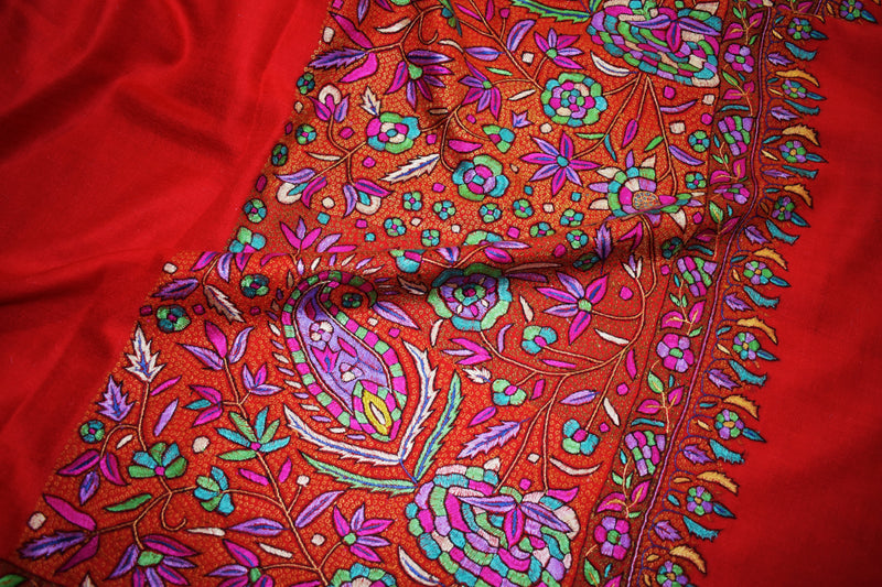 Pashmina hand embroidered shawl red 40x80 inch