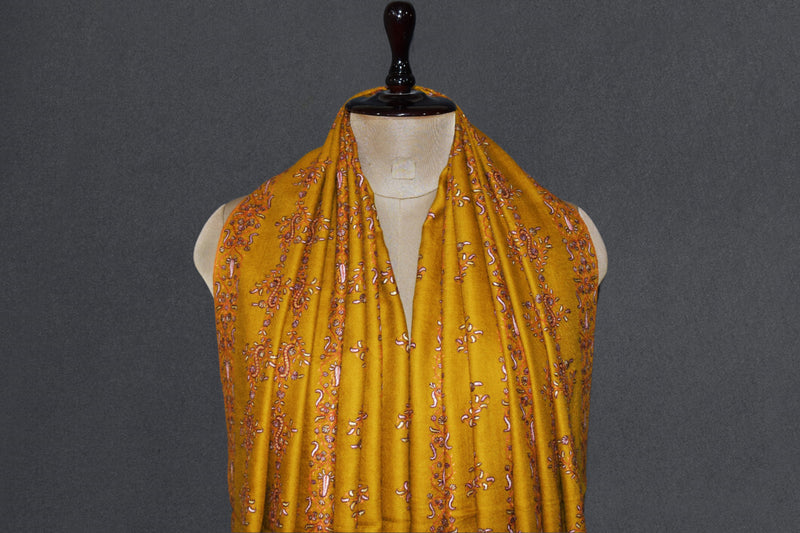 Pashmina hand embroidered shawl mustard 40x80 inch