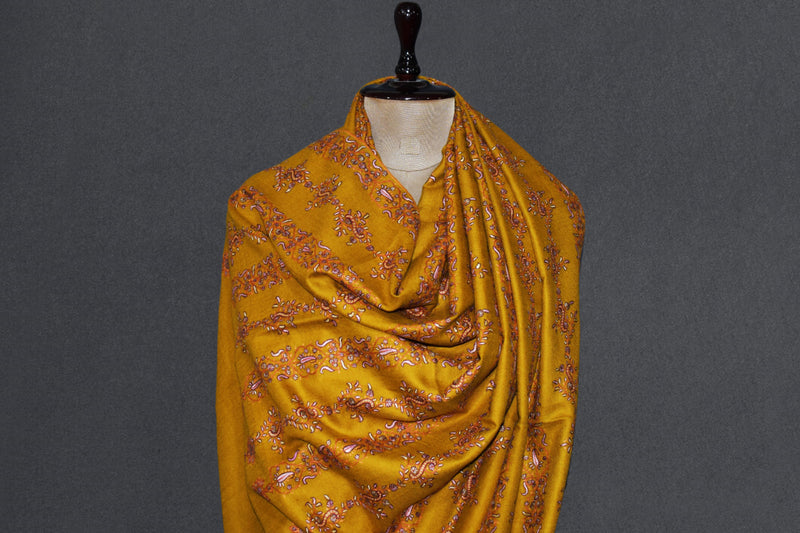 Pashmina hand embroidered shawl mustard 40x80 inch