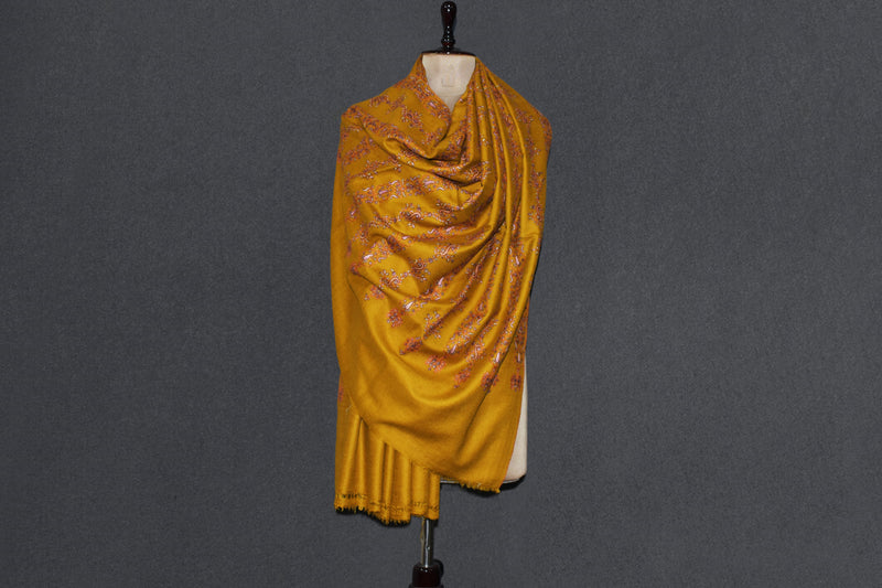 Pashmina hand embroidered shawl mustard 40x80 inch