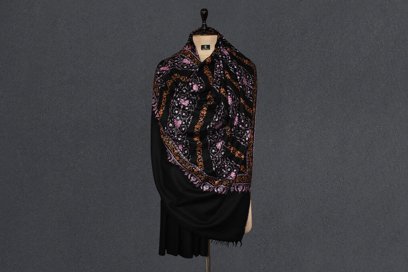 embroidered pashmina designdar black shawl 40X80 inch