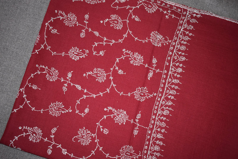 Embroidered fine wool maroon stole 28x80 inch