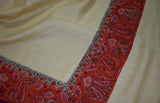 Antique pashmina embroidered trim large shawl cream 42x85 inch