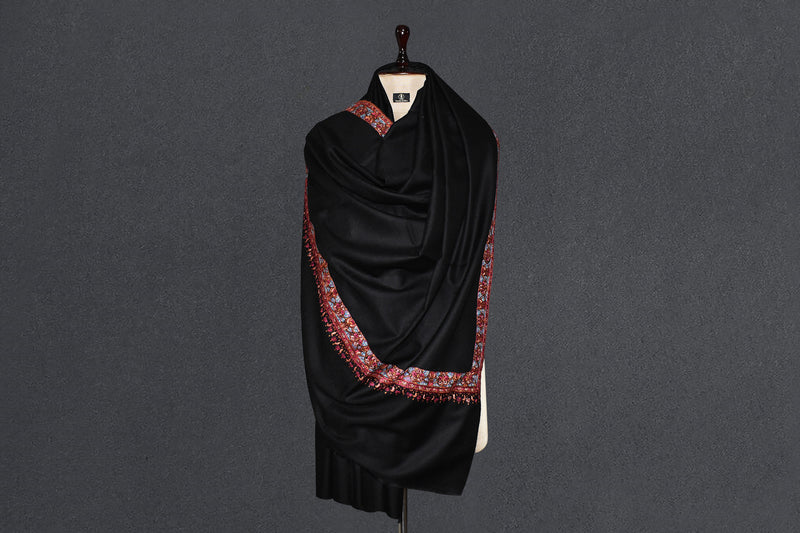 Pashmina Hand embroidered black shawl 40"x80"