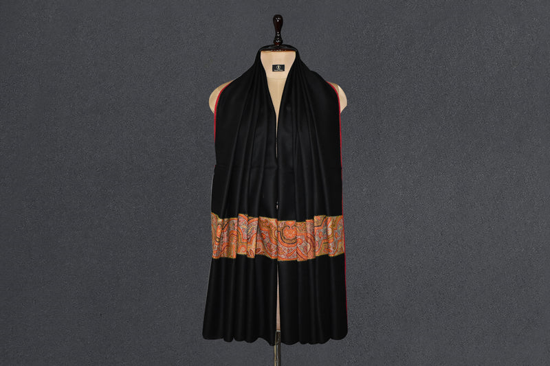 Antique pashmina trim shawl black 40x80 inch