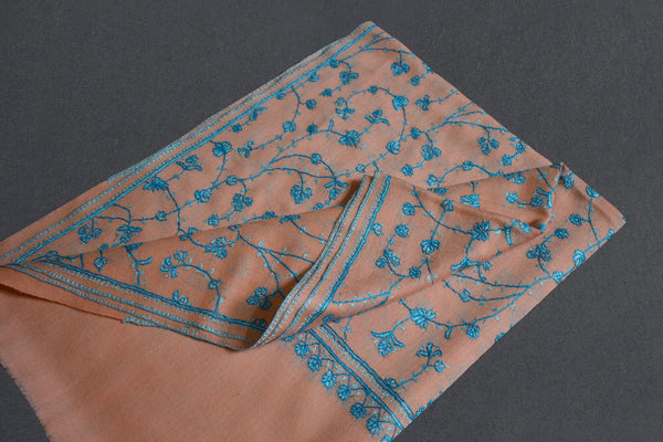 cashmere embroidered fine wool peach stole 28x80 inch