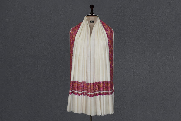 Pashmina Hand embroidered paldar white shawl 40"x80"