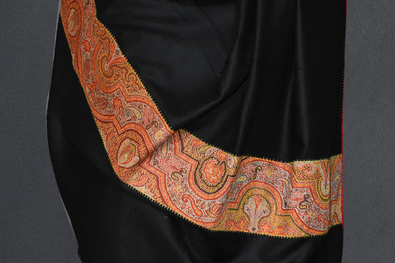 Antique pashmina trim shawl black 40x80 inch