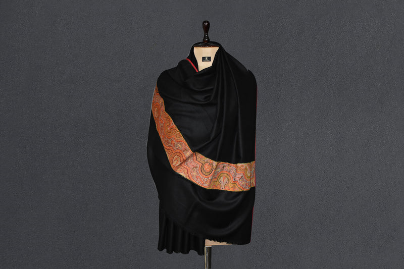 Antique pashmina trim shawl black 40x80 inch