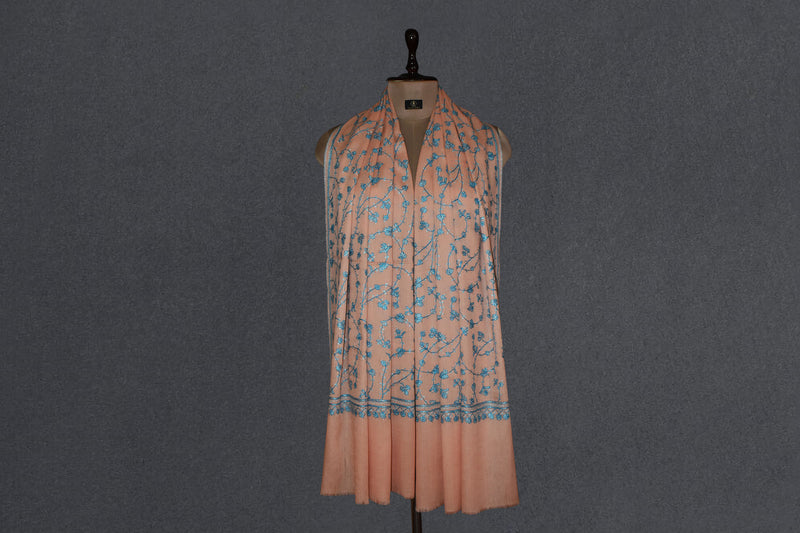 cashmere embroidered fine wool peach stole 28x80 inch