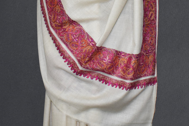 Pashmina Hand embroidered paldar white shawl 40"x80"