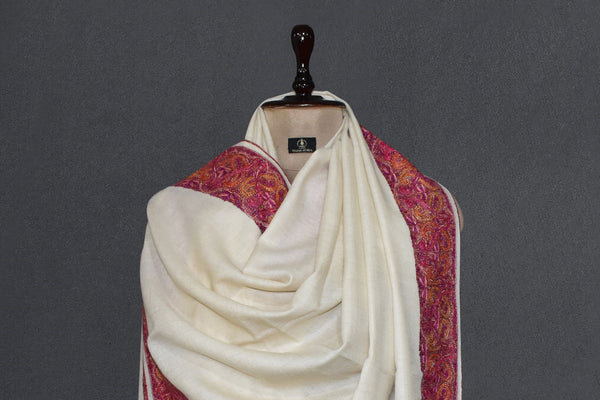 Pashmina Hand embroidered paldar white shawl 40"x80"