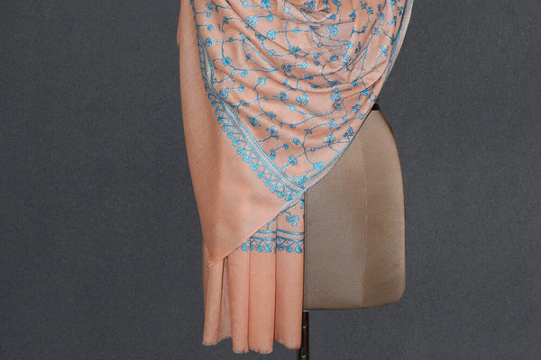 cashmere embroidered fine wool peach stole 28x80 inch