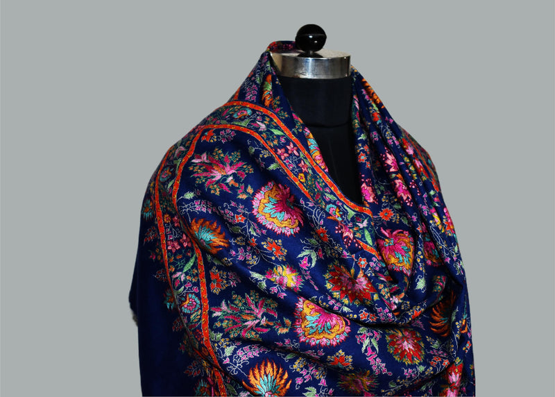 Pashmina handmade hand embroidered blue shawl