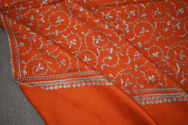Embroidered fine wool rust stole 28x80 inch