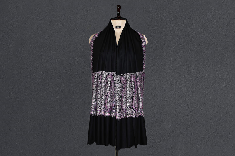 Pashmina Hand embroidered paldar black shawl 40"x80"