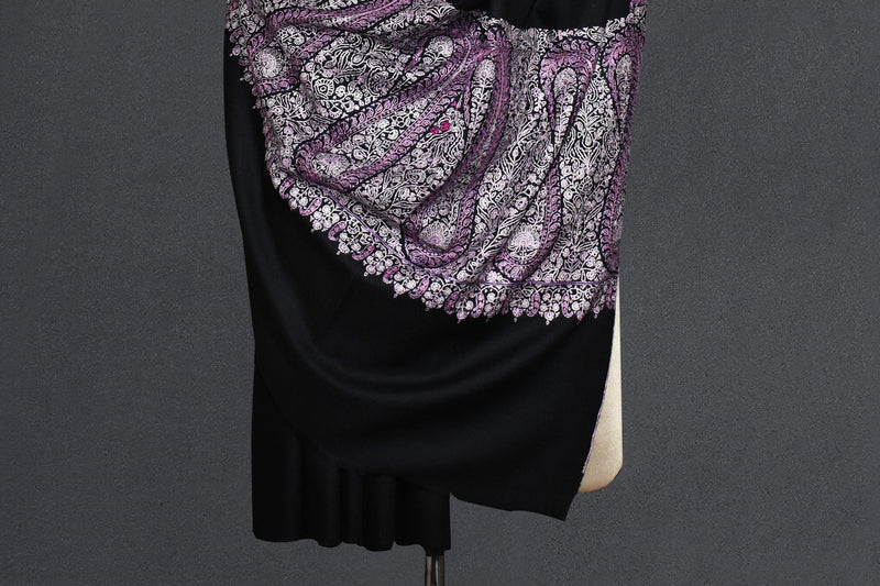 Pashmina Hand embroidered paldar black shawl 40"x80"