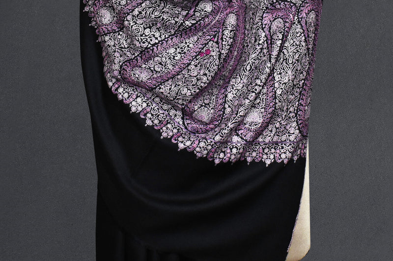 Pashmina Hand embroidered paldar black shawl 40"x80"
