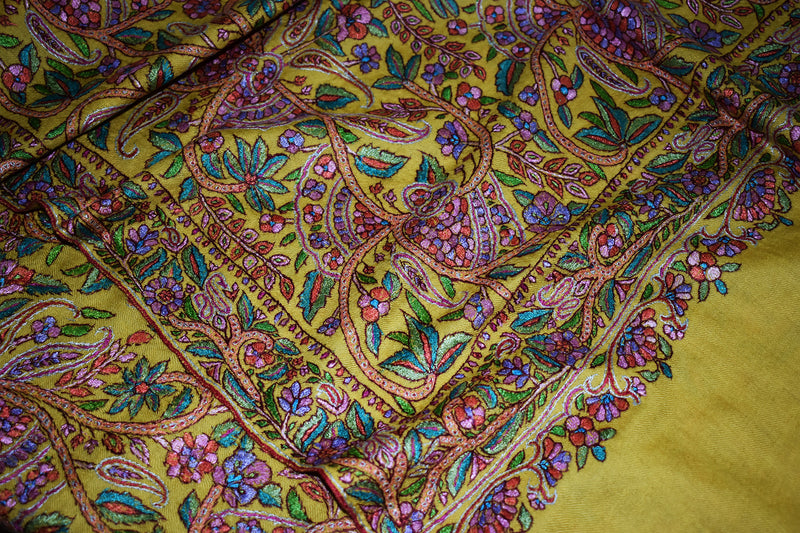 hand embroidered pashmina yellow jammawar shawl 40X80 inch