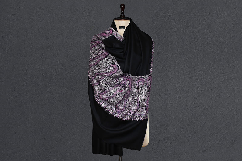 Pashmina Hand embroidered paldar black shawl 40"x80"