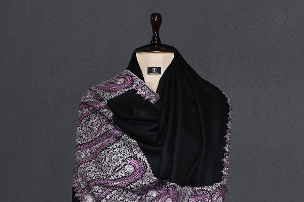 Pashmina Hand embroidered paldar black shawl 40"x80"