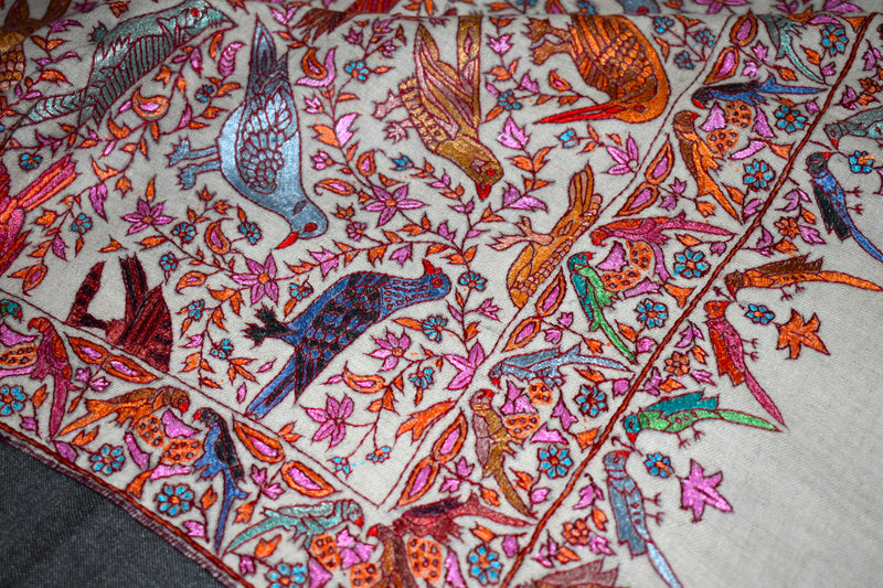 Pashmina hand embroidered shawl birds of paradise 40x80 inch