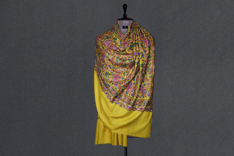 hand embroidered pashmina yellow jammawar shawl 40X80 inch