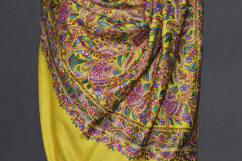 hand embroidered pashmina yellow jammawar shawl 40X80 inch