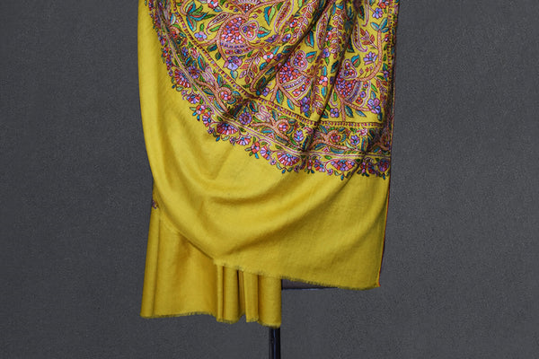 hand embroidered pashmina yellow jammawar shawl 40X80 inch