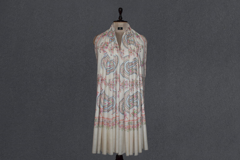 Embroidered pashmina designdar shawl 40X80 inch white