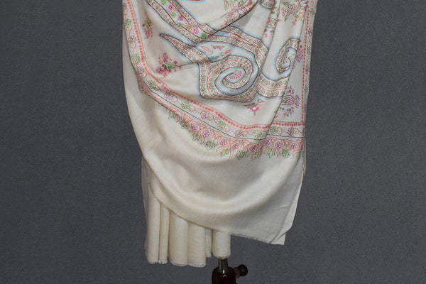 Embroidered pashmina designdar shawl 40X80 inch white