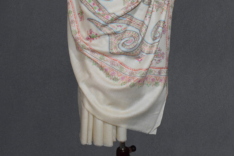 Embroidered pashmina designdar shawl 40X80 inch white