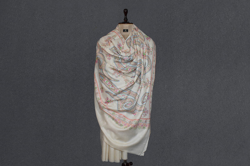 Embroidered pashmina designdar shawl 40X80 inch white