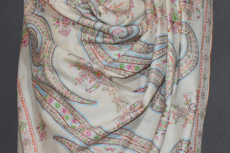 Embroidered pashmina designdar shawl 40X80 inch white
