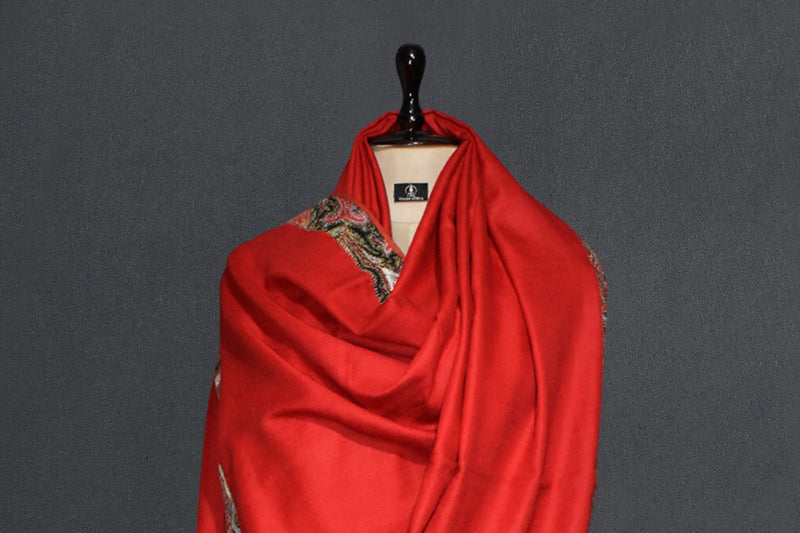 Antique pashmina trim red shawl 40x80 inch
