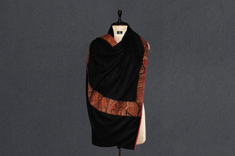 Anqtique pashmina trim shawl black 40x80 inch