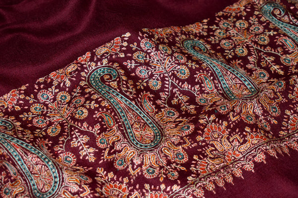 Pashmina embroidered stole maroon 28x80 inch