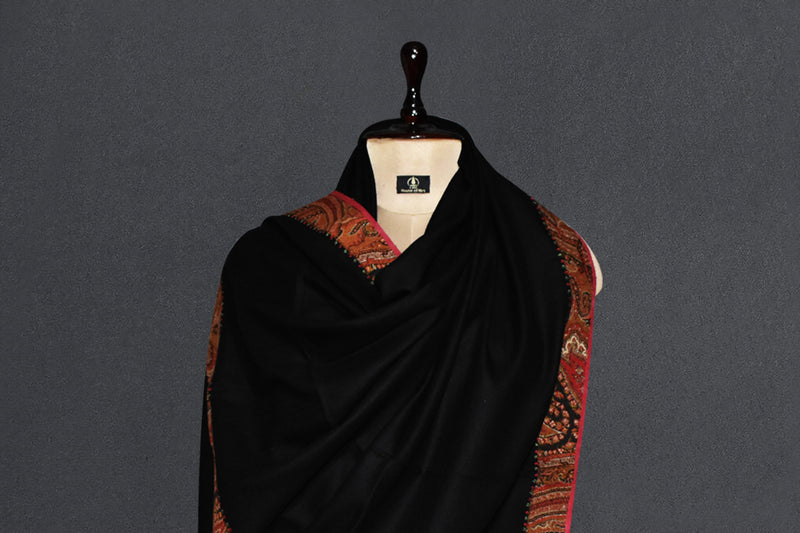 Anqtique pashmina trim shawl black 40x80 inch