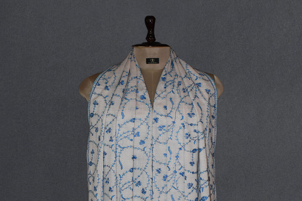 cashmere embroidered fine wool stole white 28x80 inch