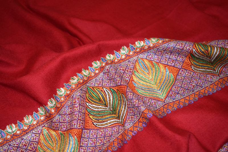 Pashmina Hand embroidered dour red shawl 40"x80"