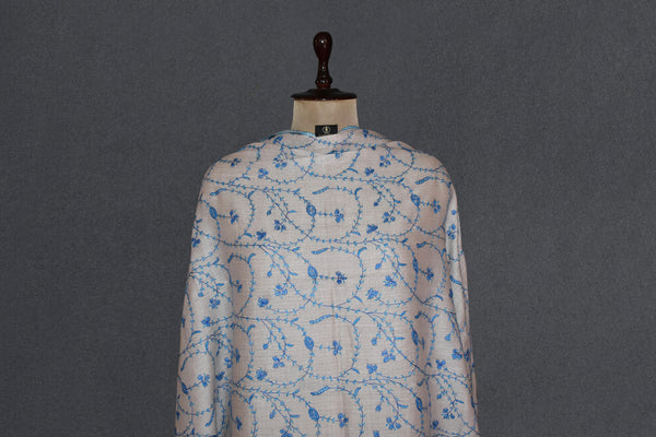 cashmere embroidered fine wool stole white 28x80 inch