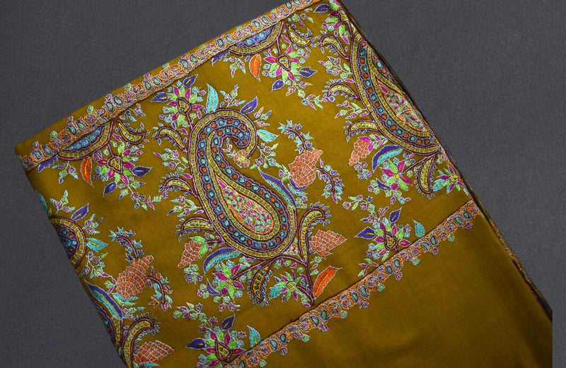 Pashmina hand embroidered mustard shawl  40x80 inch