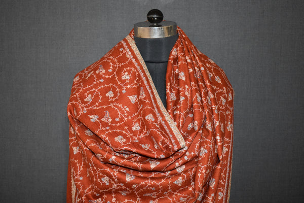 Pashmina Hand embroidered rust jall shawl 40"x80"