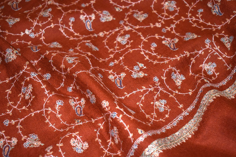Pashmina Hand embroidered rust jall shawl 40"x80"